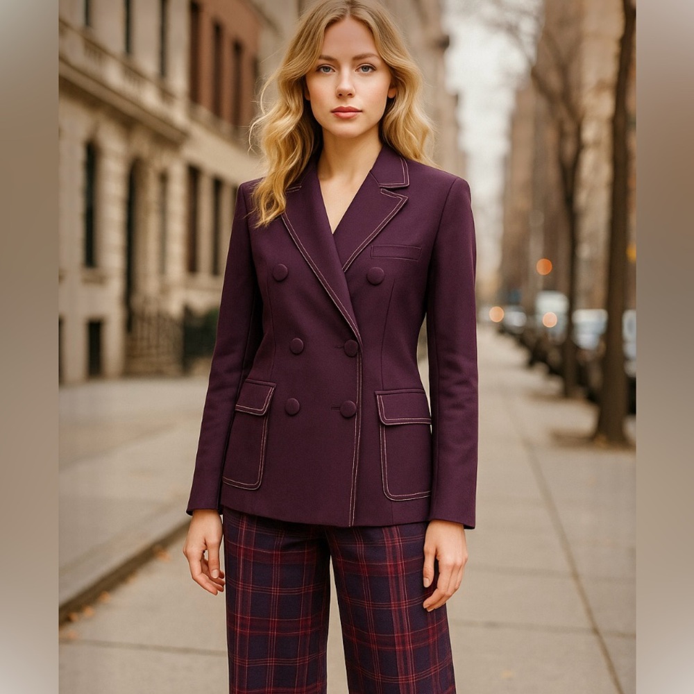 EUC Double Breasted Deep Aubergine Blazer with Contrast Stitching - M